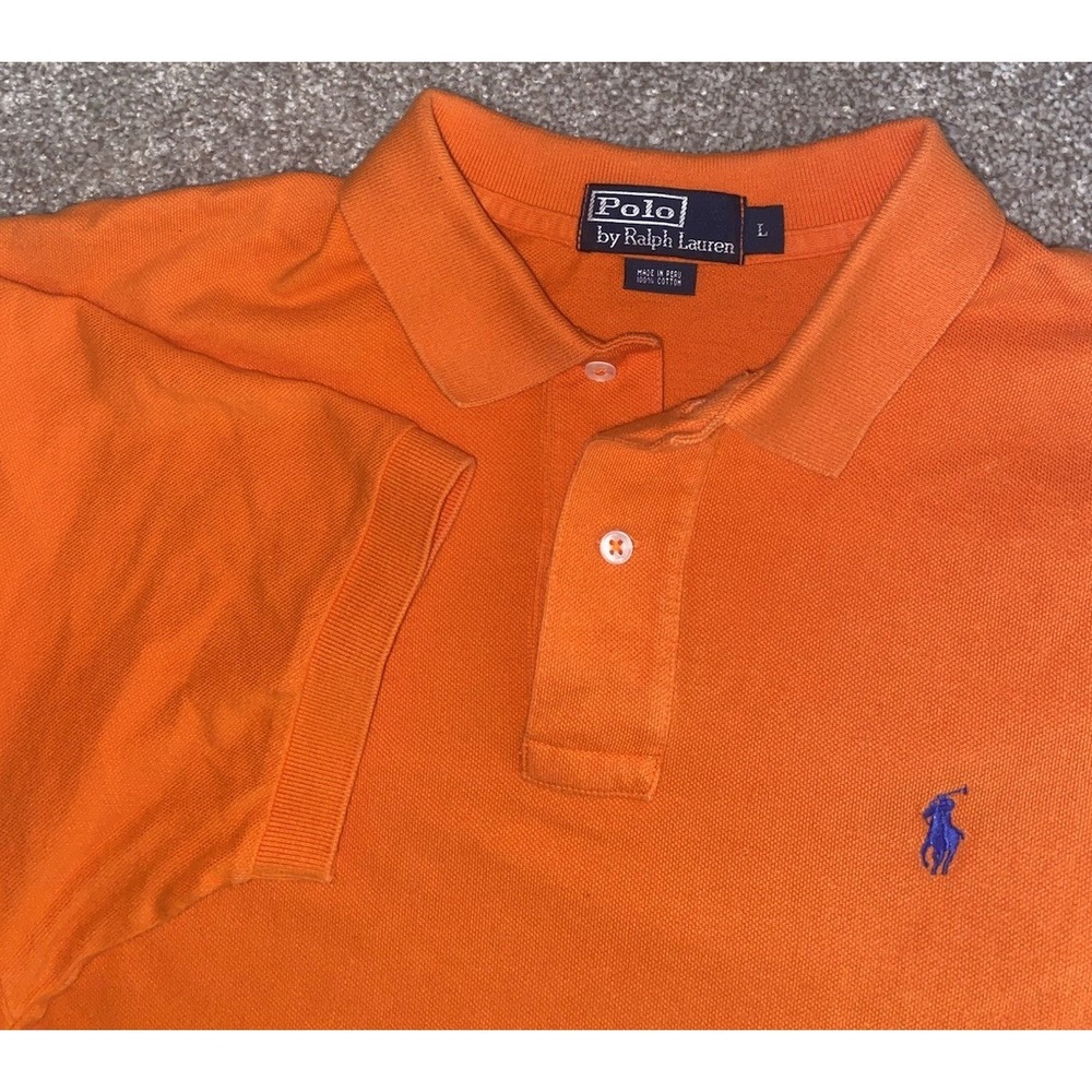 Polo Ralph Lauren Orange Polo Shirt Mens Large Blue Pony Cotton Preppy Work